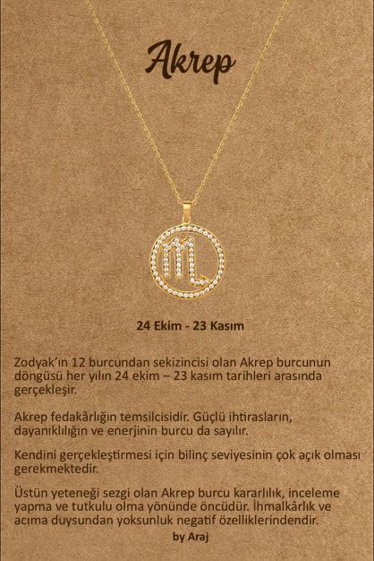 14 AYAR ALTIN SWAROVSKİ TAŞLI ZODIAC AKREP BURCU KOLYE İÇ SEMBOLÜ TAŞLI