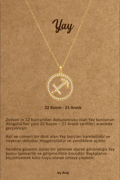 14 AYAR ALTIN SWAROVSKİ TAŞLI ZODIAC YAY BURCU KOLYE İÇ SEMBOLÜ TAŞLI